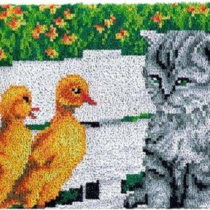 New Rug Making Latch Hooking Kit | Cat with Ducks (52x38cm printed canvas)